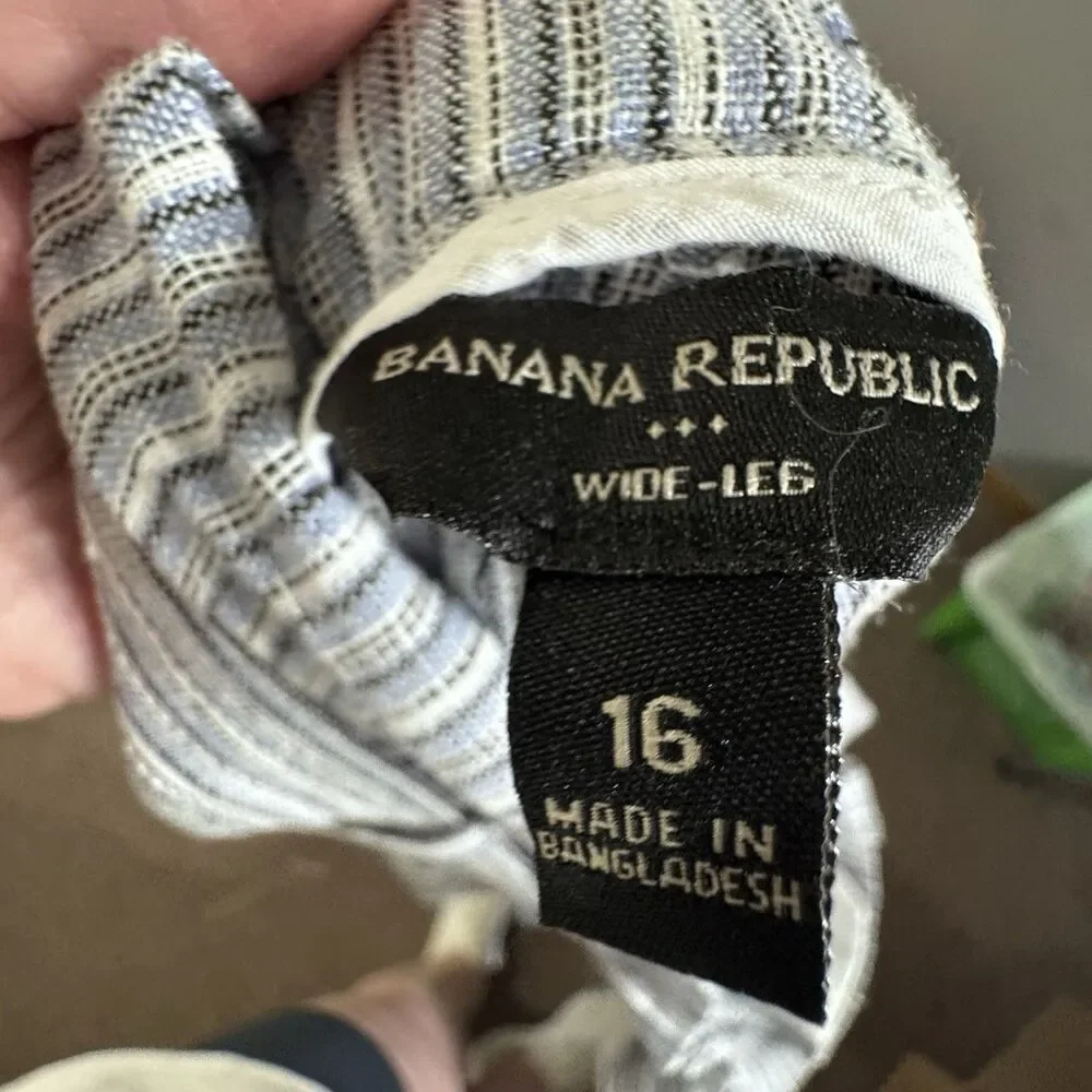 Banana Republic Pants Women's 16 Wide Leg High Rise Linen Blend Blue Stripe